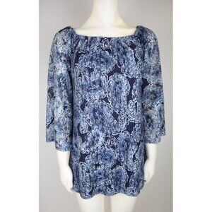 TRIXXI - WOMEN'S BLUE PRINT 3/4 SLEEVE STRETCH LACE PEASANT TUNIC TOP - SIZE XS